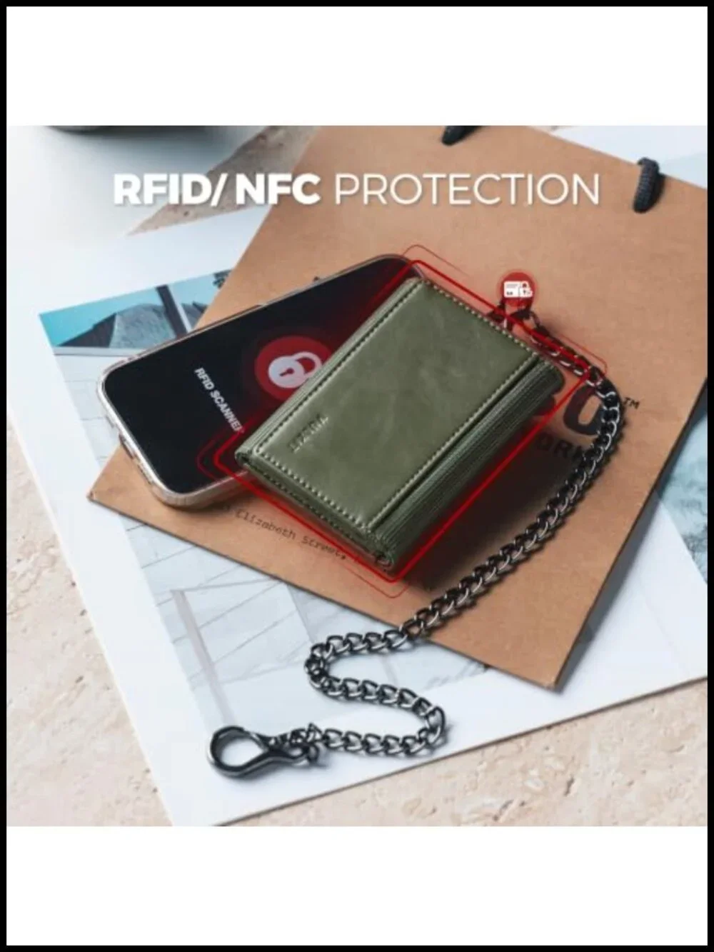 Men's Anti-Theft Wallet RFID Blocking Trifold with Chain, Tech Woven Fabric &